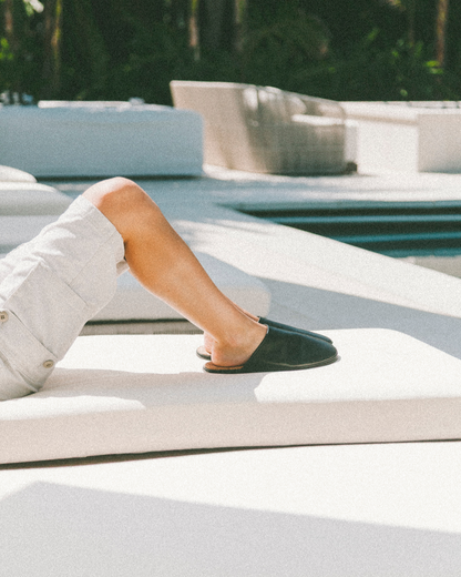 Beachwood The Dume black calf leather mule styled poolside in California