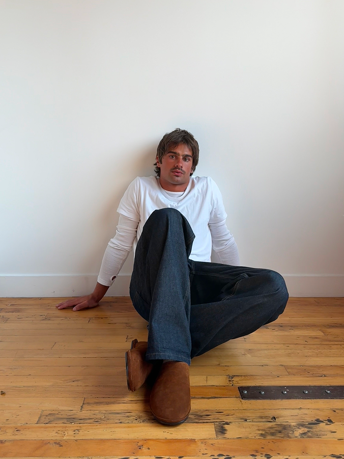 Beachwood The Dume tobacco suede mule styled on model in white shirt and dark denim