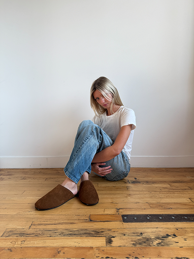 Beachwood The Dume tobacco suede mule styled on model in white tee and blue jeans