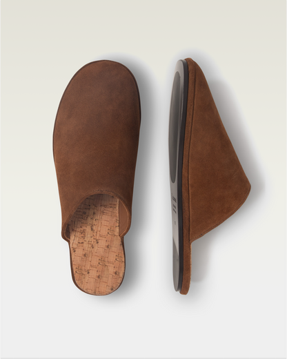 Beachwood The Dume tobacco suede mule with cork insole - top and side view