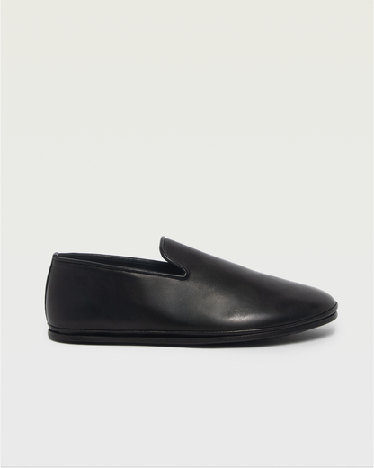 Beachwood The Glen black leather slip-on shoe with cork insole - side profile