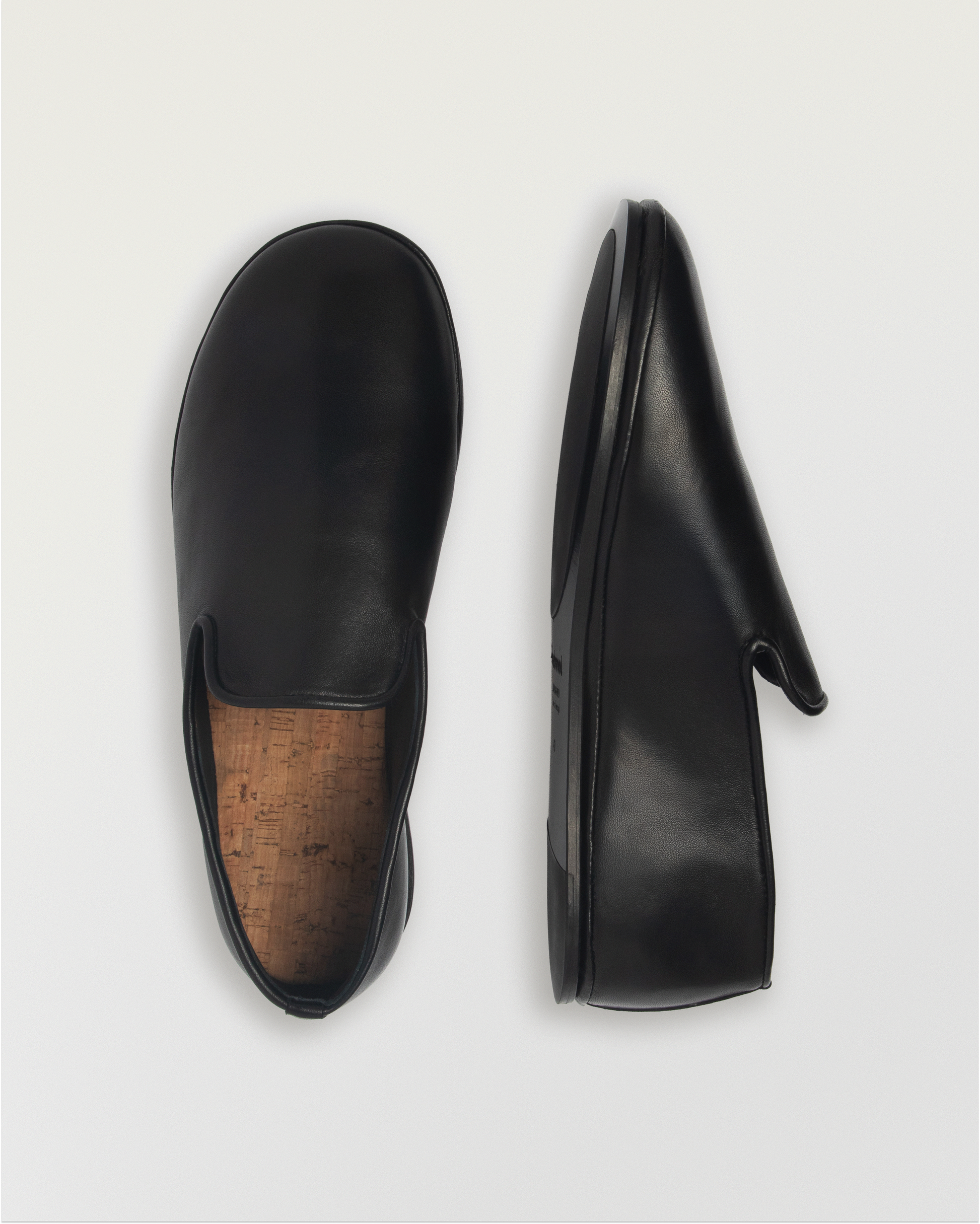 Beachwood The Glen black leather slip-on with cork insole - top and side view