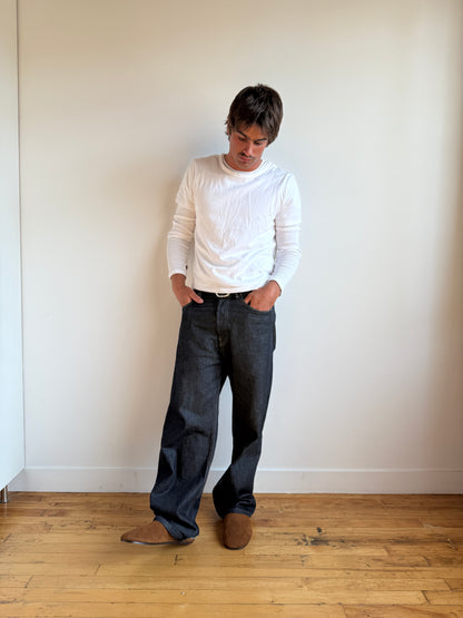 Beachwood The Glen tobacco suede slip-on styled on model with white shirt and dark denim