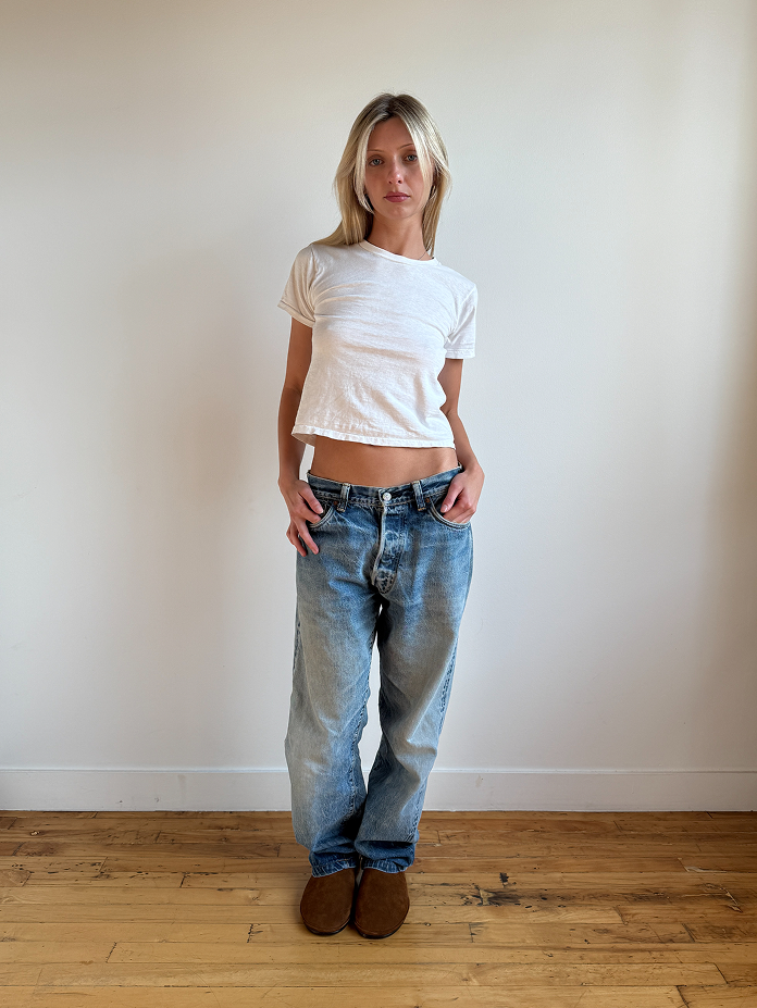 Beachwood The Glen tobacco suede slip-on styled on model with vintage denim