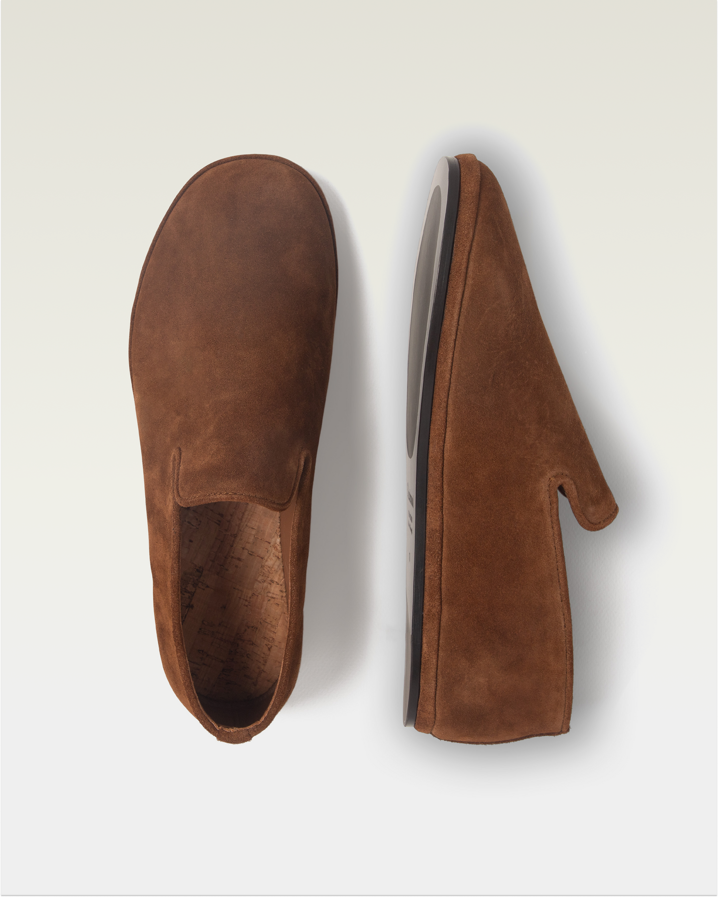 Beachwood The Glen tobacco suede slip-on shoe with cork insole - top and side view